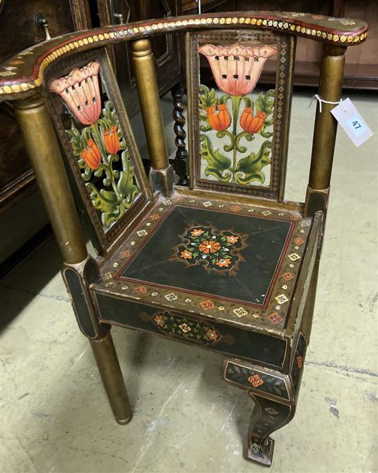 An Indian painted childs corner chair, width 52cm, depth 48cm, height 64cm